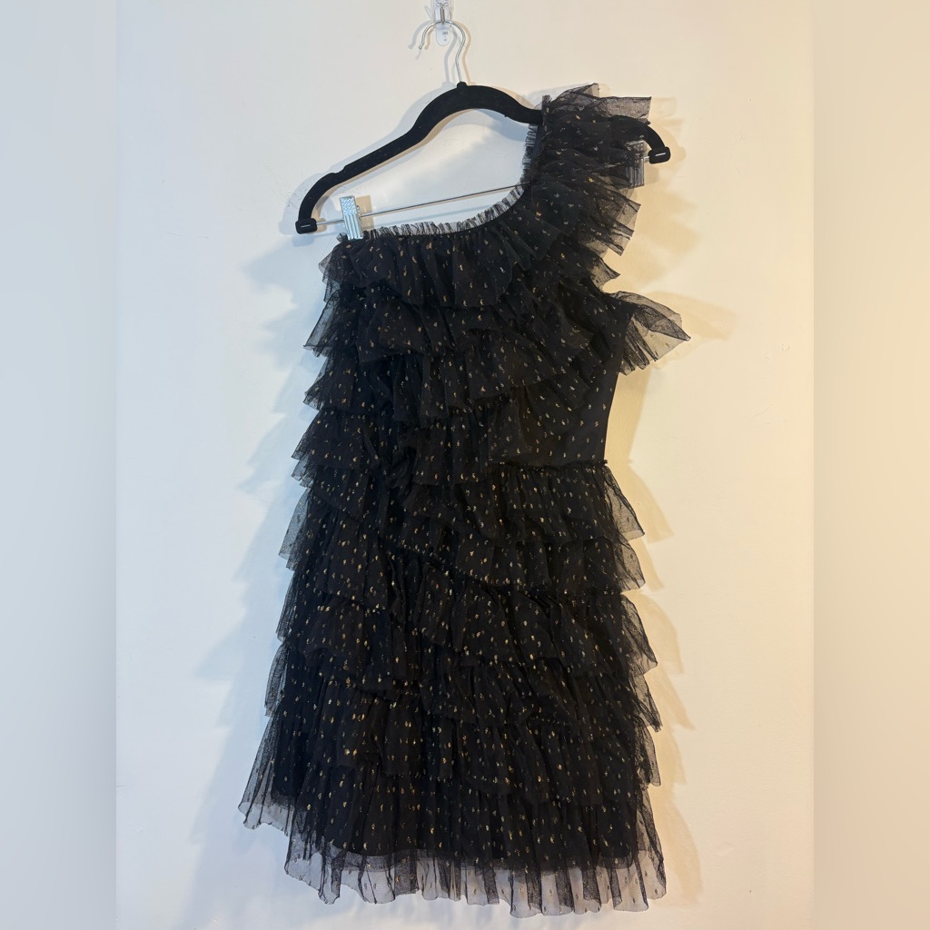 Asymmetrical One Shoulder Tierred Ruffle Gold Glitter Little Black Party Dress 8